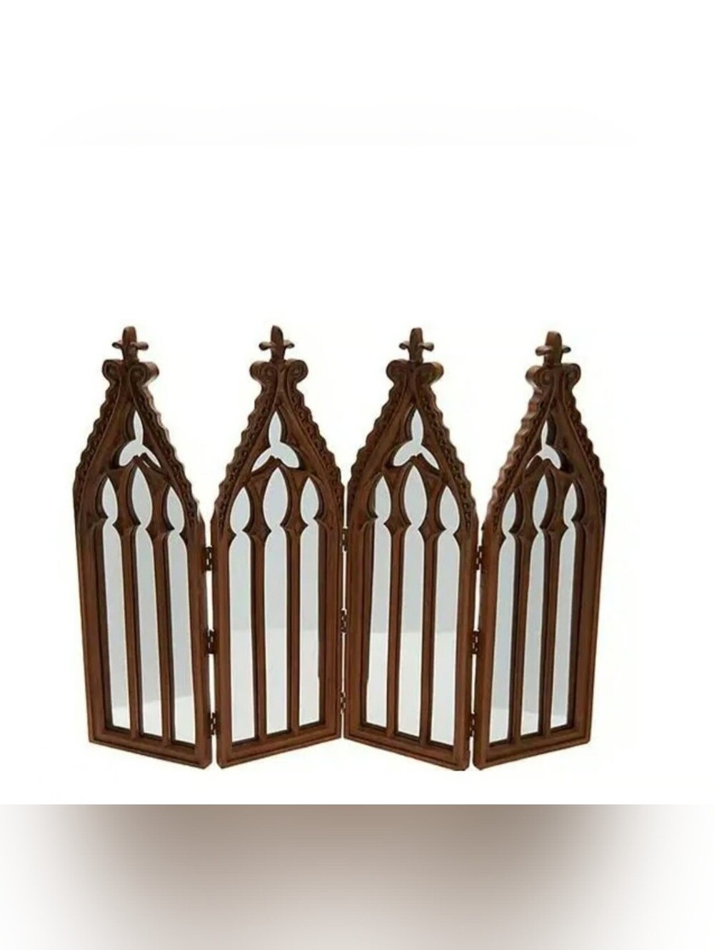 Wooden Gothic Arch Four-Panel Decor Mirror - Brown Cathedral Folding